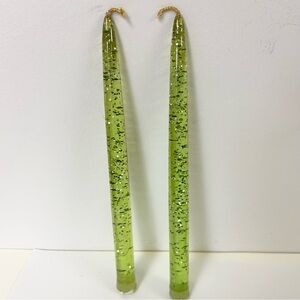 PAIR MID CENTURY MODERN LUCITE CANDLES Avocado Green Gold Wick Flecks 12” 1950’s